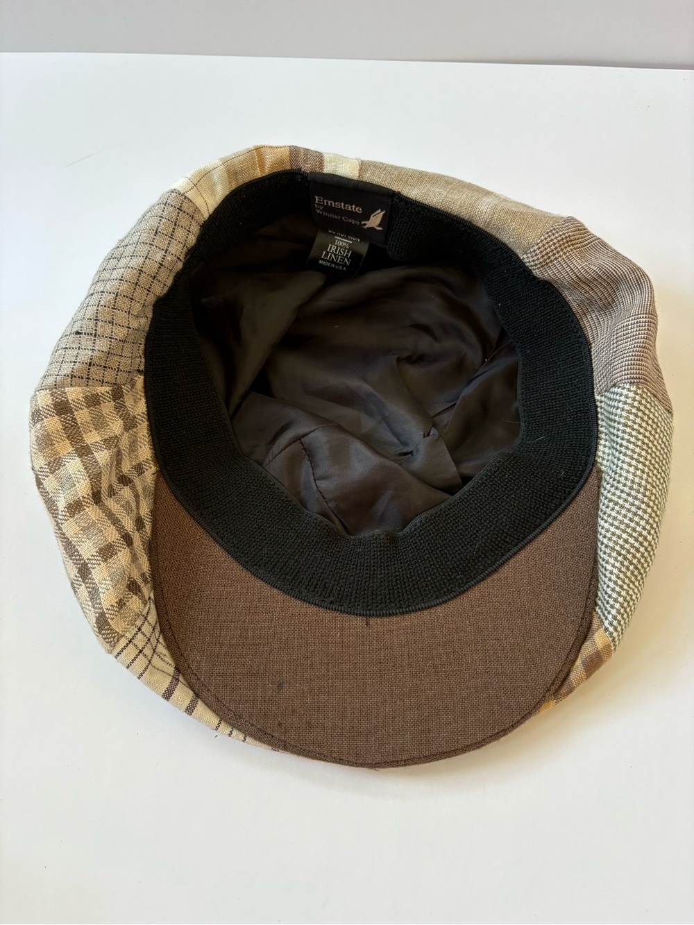 Emstate Winner Caps 8/4 Panel Linen Patchwork Hat Newsboy Brown Tan Snap Artsy - Picture 4 of 6